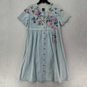 Vtg 90s Blue Denim House Patio Dress Med Artist Painted Signed Empire Waist FLAW